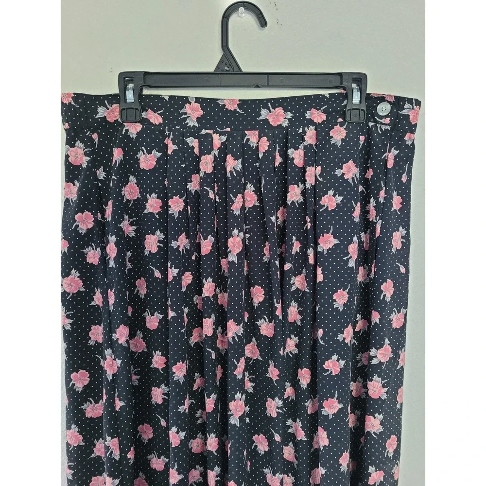 Russ Vintage Black Women's‎ Pink Floral Polka Dot Pleated Midi Skirt Size 14 #1